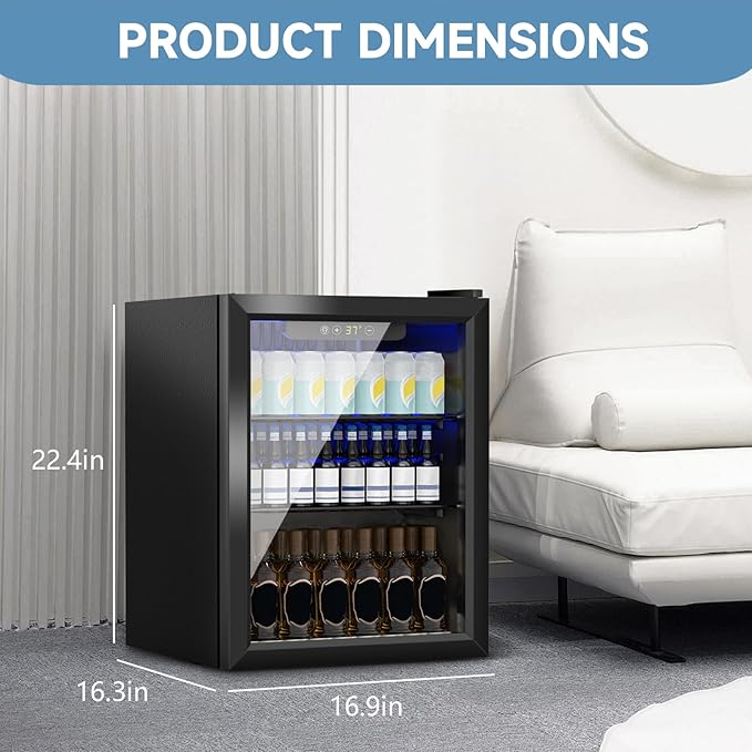 Stopasd Compact Beverage Refrigerator, 1.6 Cu.Ft/70 Can Drink Fridge, with Glass Door, Adjustable Shelves & Digital Display, Quiet Undercounter Small Fridge for Home/Office/Bar/Garage, Black