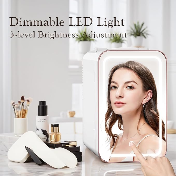 YLFU Mini Fridge for Bedroom, 6L Skincare Fridge with LED Mirror for Dorm & Office, Portable Cooler & Warmer Small Compact Refrigerator for Skincare, Makeup and Cosmetics