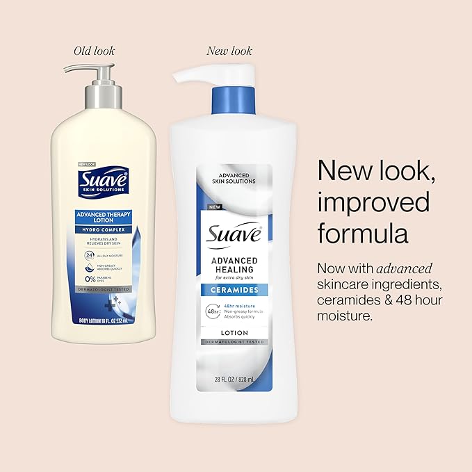 Suave Advanced Healing Hand & Body Lotion for Women, With Ceramides for Very Dry Skin, Hydrating, Non-Greasy Feel, Allergen-Free Moisturizing Cream, Lightly Scented, 28 fl oz Pump, 4 Pack
