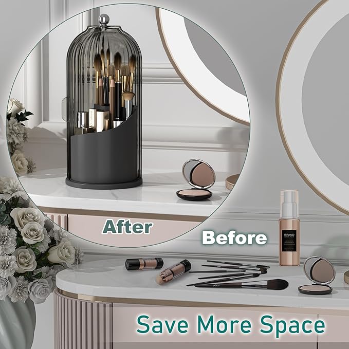 GAXmi Makeup Brush Holder with Lid Rotating Cosmetic Organizer, Black-Grey