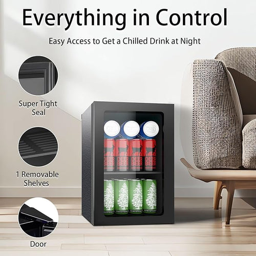 0.9 Cu.Ft Mini Fridge for 24 Cans, Beverage Refrigerator with Clear View Door and Adjustable Shelves, Small Drink Fridge for Soda, Beer, or Wine, Compact Cooler for Bedroom, Office, or Bar
