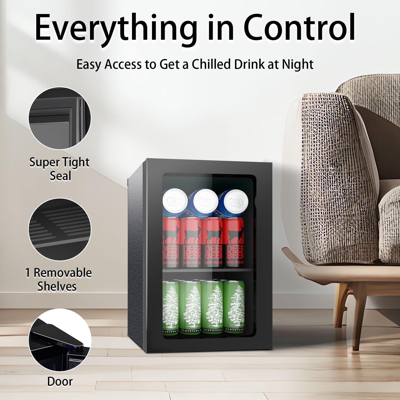 Stopasd Beverage Refrigerator Cooler, 0.9 Cu.Ft/24 Can Drink Fridge with Adjustable Shelves & Clear Door for Soda Wine Beer, Countertop Mini Fridge, Compact Design for Home/Office/Bar (40-61 ℉), Black
