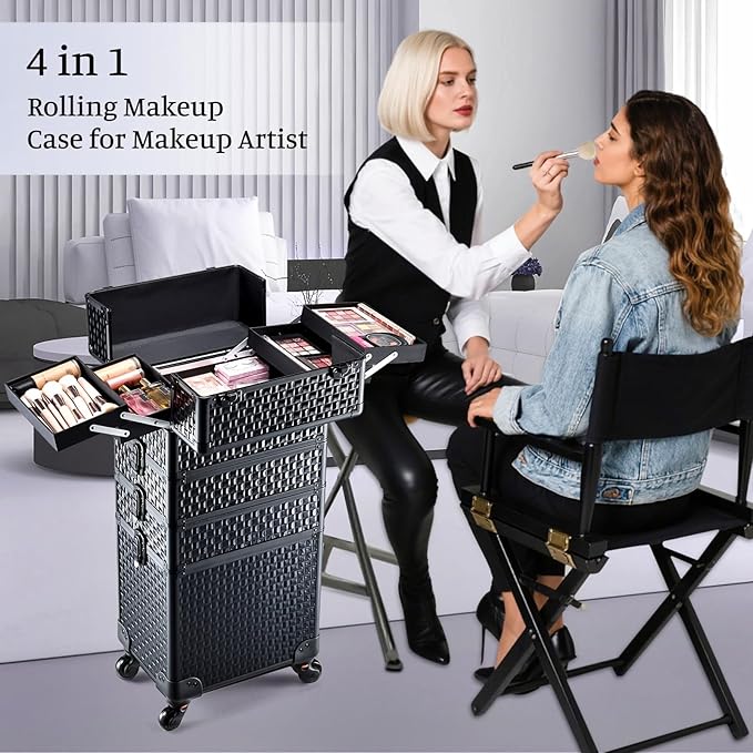 Adazzo 4 in 1 Rolling Makeup Trolley Train Case Cosmetic Suitcase Nail Tech Box for Makeup Artist, Hairstylists, Nail Tech Case with with Keys Swivel Wheels Traveling Trunk (Shiny Brick)