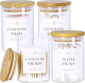 INIUNIK 4 Pack Qtip Holder Dispenser - Glass Apothecary Jars with Lids, Cotton Ball Pad Swab Round Holder, Bamboo Bathroom Accessories, Bathroom Organizers Containers Jars Canisters with Lids