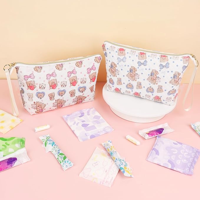 Playexen Period Bag for Teen Girls, Quilted Sanitary Napkin Storage Bag, Cute Bears Menstrual Pad Pouch Tampon Holder (Large-Pink)