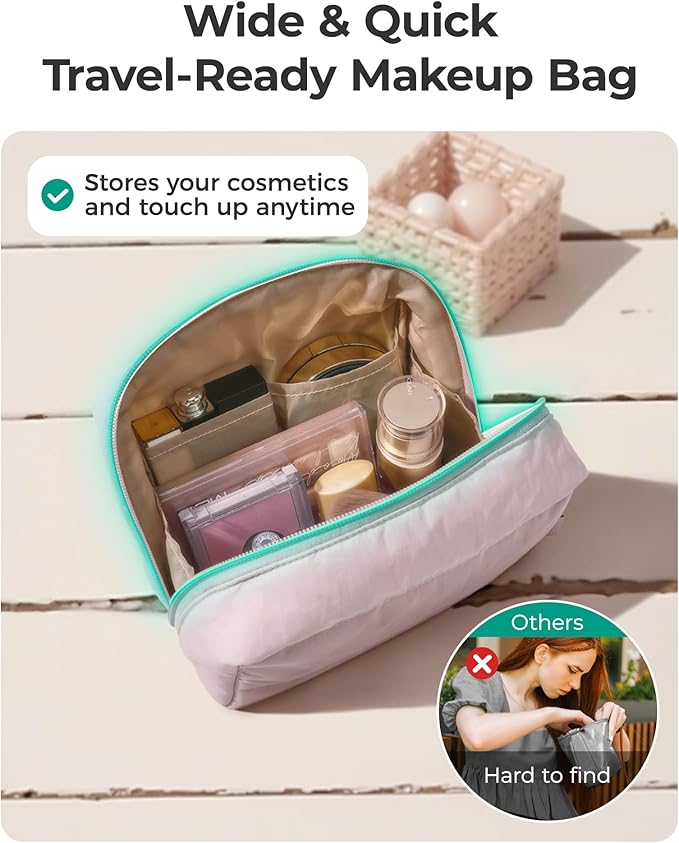 BAGSMART Puffy Makeup Bag, Wide Opening Cosmetic Organizer, Soft Water-Resistant Travel Toiletry Pouch for Women for Purse, Compact & Spacious