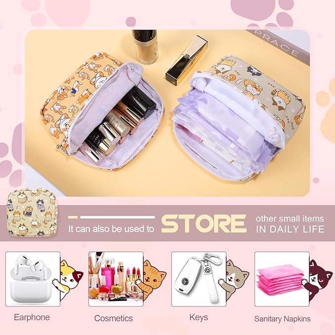 Period Bag, Canvas Sanitary Napkin Storage Bag for Girls Womens, Portable Sanitary Napkin Period Pad Pouch for Purse, Small Make Up Bags(F513B-H)