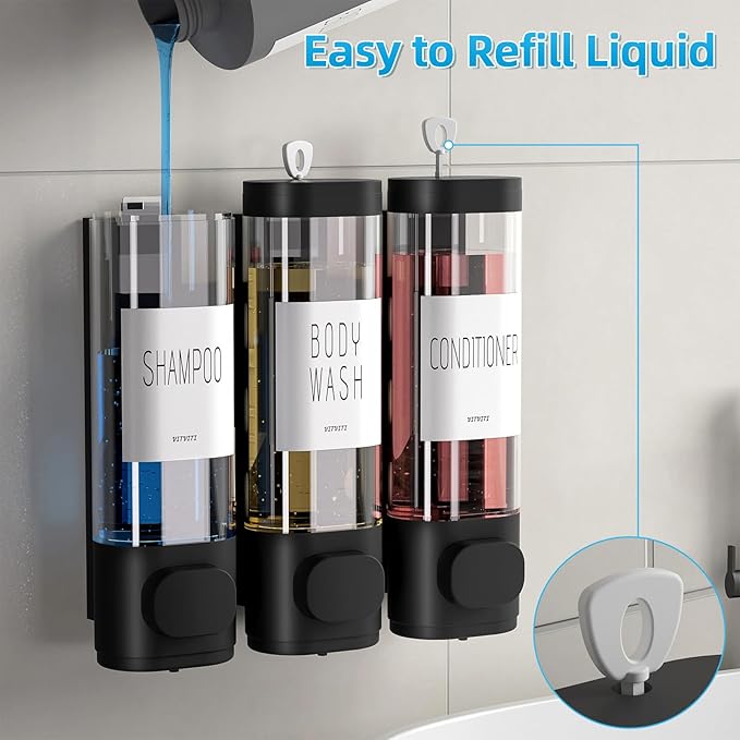 VITVITI Shampoo and Conditioner Dispenser for Shower Wall, Shower Soap Dispenser 3 Chamber No Drill Wall Mounted, 10.2 OZ Plastic Refillable Shower/Body Wash Bottles for Bathroom (Black)