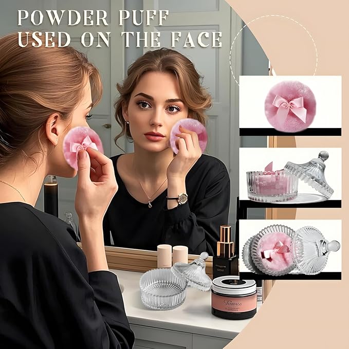 2 Pcs Large Body Powder Puff and Container Powder Container with Puff Powder Puff Crystal Container Soft Washable Reusable Velour Face Body Glitter Powder Puff Wet Dry Makeup (Pink)