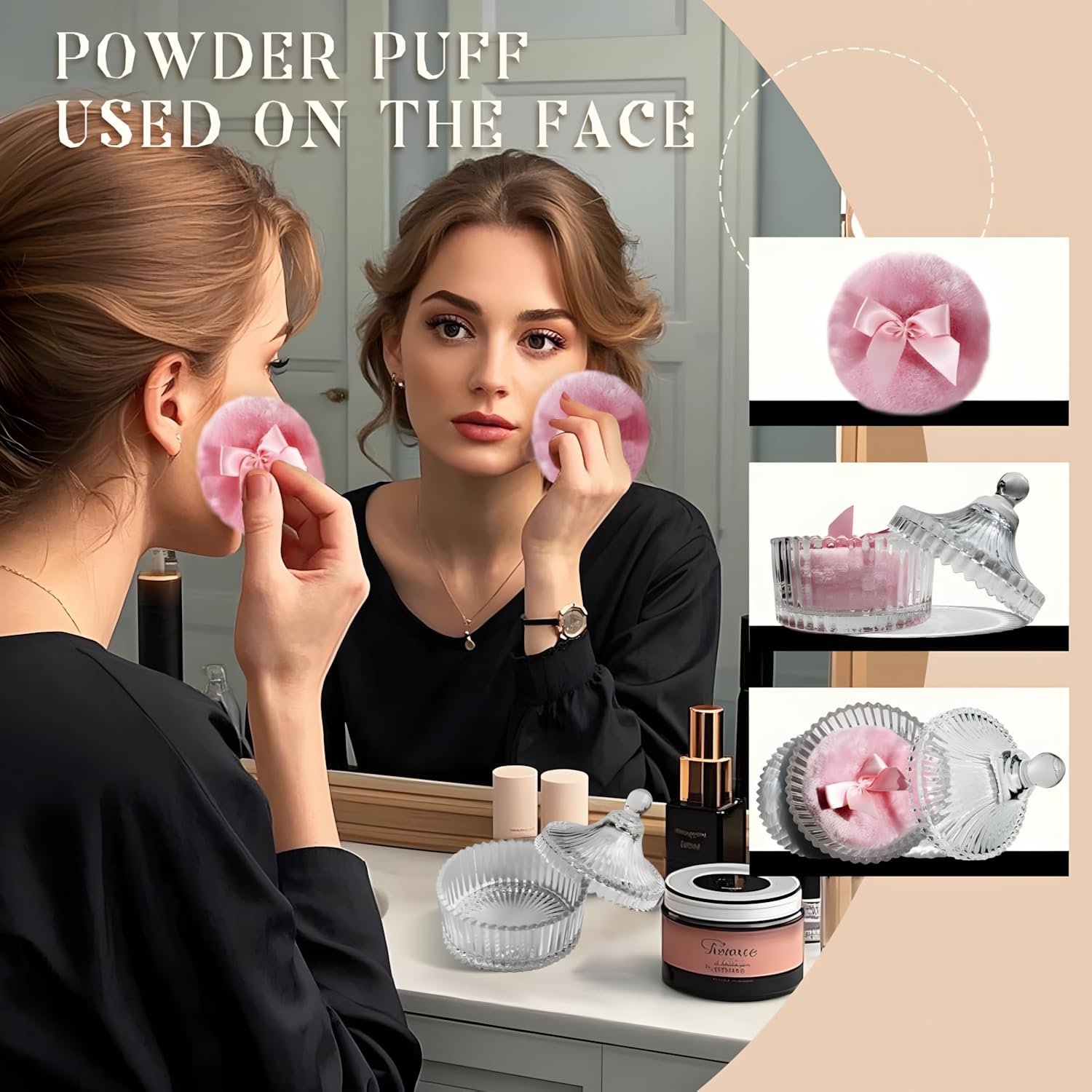 Habitable tree 2 Pcs Large Body Powder Puff and Container Powder Container with Puff Powder Puff Crystal Container Soft Washable Reusable Velour Face Body Glitter Powder Puff Wet Dry Makeup (Pink)