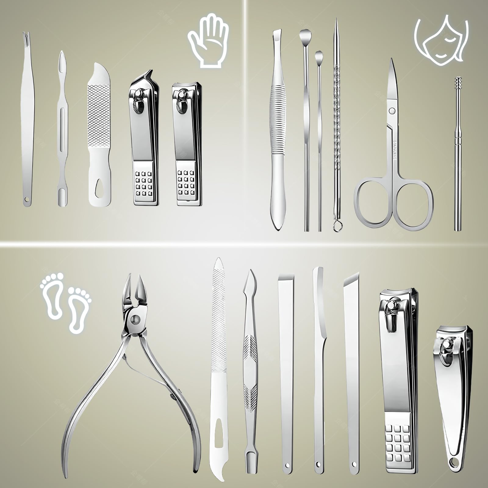Manicure Set - 19 in 1 Professional Nail Clippers Pedicure Kit, Manicure Tool Kit, Stainless Steel Facial Grooming Set Kit, Gift Idea for Women, Men, Girls, Teens, Grey