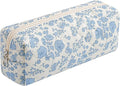 HHQQWZ Cute Floral Cotton Makeup Brush Cosmetic Bag for Women, Travel Quilted Zipper Make Up Bag, Flowers Toiletry Organizer Case Kawaii Makeup Cosmetic Travel Cloth Pouch (Blue Floral)