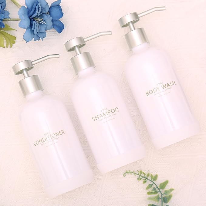 Janxin Shampoo and Conditioner Dispenser Set of 3,Refillable 21oz Shampoo Bottles with Non-Slip Protective Silicone Pad,Shower Soap Dispenser with Waterproof Labels for Bathroom (White)