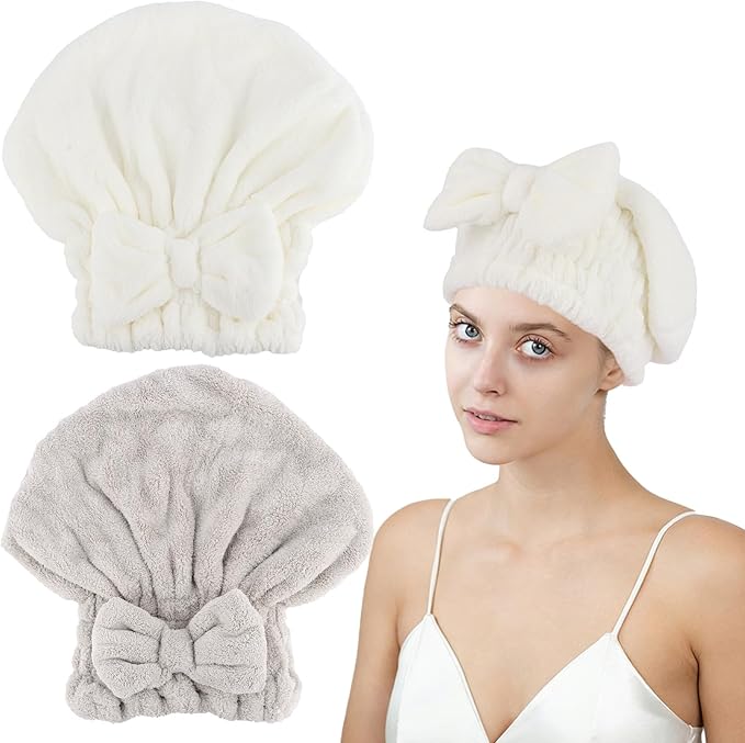 KEUKORZ 2PCS Microfiber Hair Drying Caps Hair Towel Cap Extra Soft and Ultra Absorbent Fast-Drying Hair Turban Wraps Gift for Women and Girls(Grey and White)