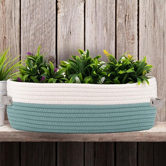 Oradrem Cotton Rope Woven Toilet Paper Baskets for Organizing Decorative for Boho Decor Small Storage Gift 13"x5.9"x4" Mint Green