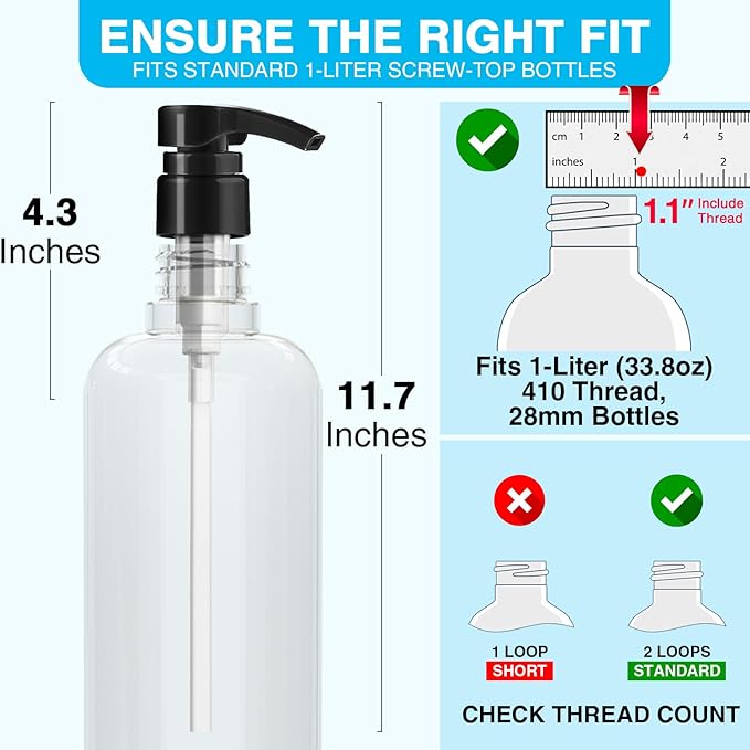 2-Pack Shampoo Pump for Liter 33.8 oz Shampoo and Conditioner, Pump Dispenser Fits Most Salon Bottles with 1.1" Wide Opening, Black & White Replacement Pump for Soft Hair Products, Body Wash, Lotion