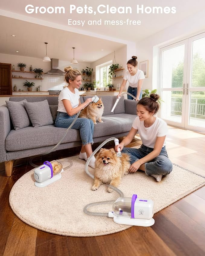 LOMMOL 6-in-1 Dog Grooming Vacuum, Pet Grooming Kit with Dog Clippers, 2.2L Dust Cup Dogs Vacuum with Dryer Function, Low Noise Upgrade Pet Grooming Vacuum with 6 Tools for Home Pet Hair, Purple