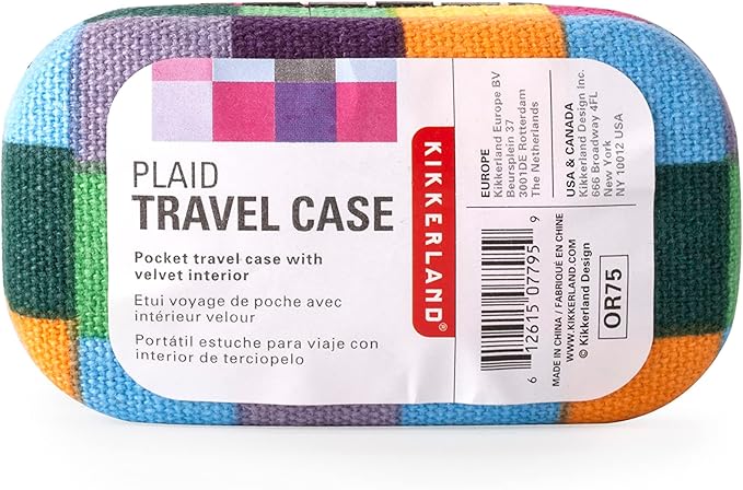 Kikkerland Multi Color Plaid Print Small Travel Portable Compact Organizer Case Container for Earbuds, Jewelry, Loose Change