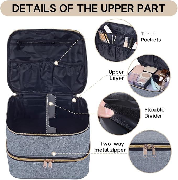 TANPADUAJI Double Layer Makeup Bag Portable Large Cosmetic Case Organizer with Adjustable Dividers Storage Travel Bag for Accessories Brushes Conditioner and Skin Care Products (Gray Gold)
