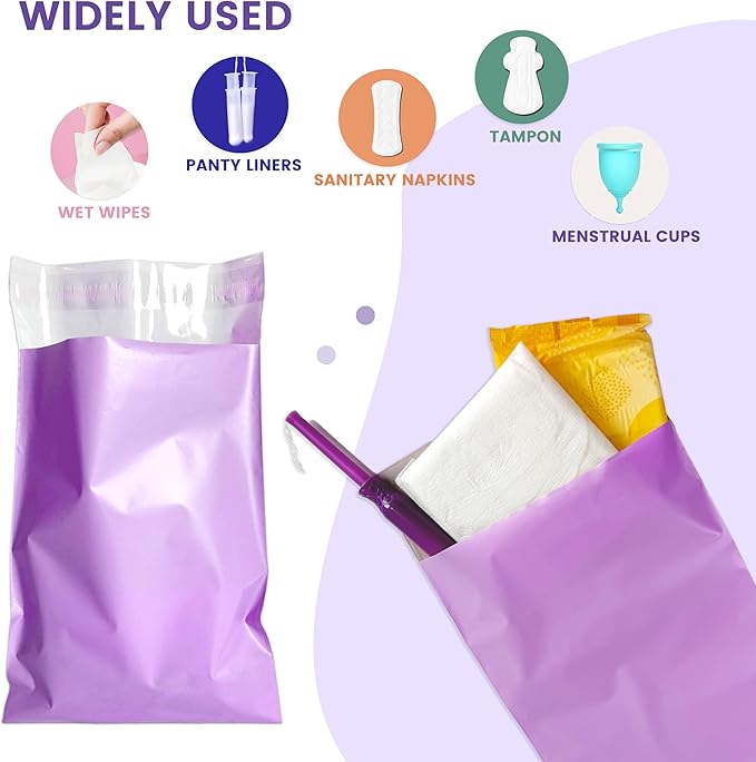 Disposable Sanitary Bags, 200 Pcs, Purple, Self-sealing, Odor-proof, Rectangular, Plastic, 10" x 6" Bags for Feminine Hygiene, Personal Waste, or Pet Waste