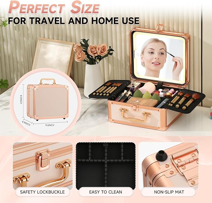 Leeora&Leekoo Makeup Box with Lighted Mirror,Portable Makeup Train Case Organizer (Off white)