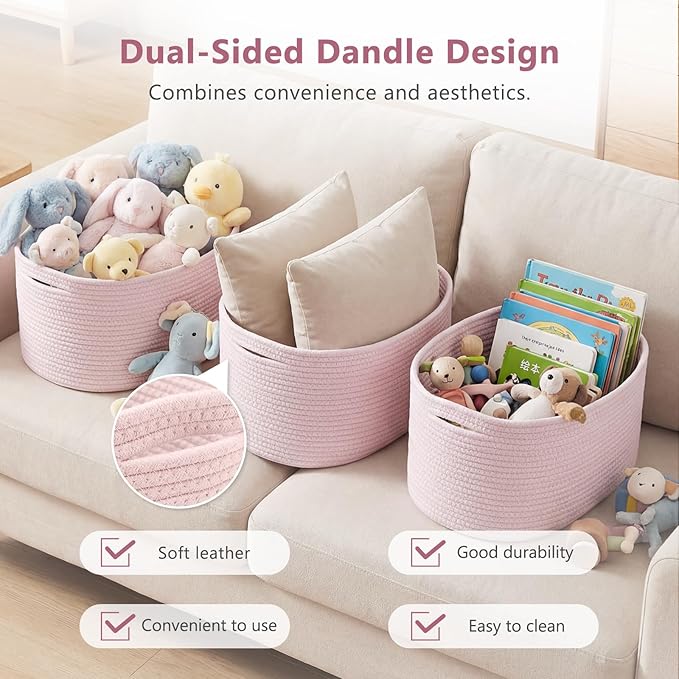 Cotton Rope Storage Basket, 15x10x9 Inches, Woven Basket for Shelves, Clothes, Towels, Books, and Laundry, Light Pink (2 Pack)