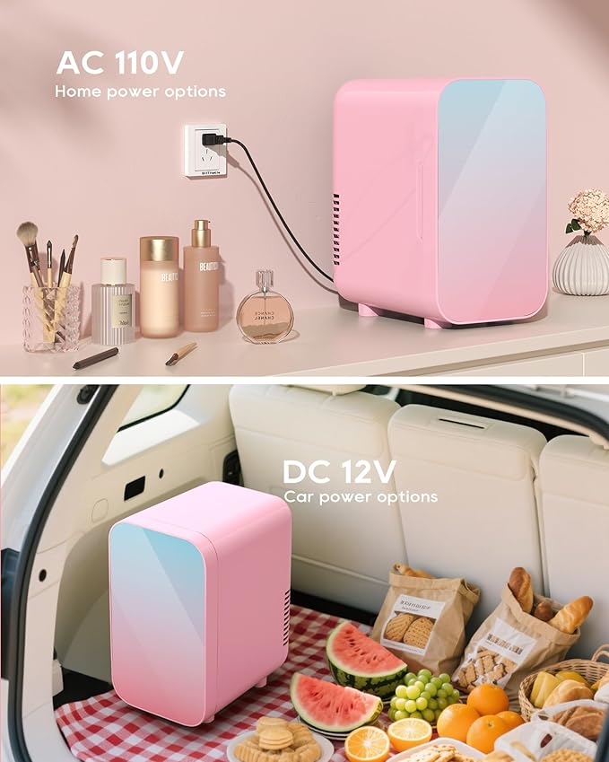 BEICHEN Mini Fridge, 6 Liter/8 Can Skincare Fridge, 110V AC/DC Portable Thermoelectric Cooler & Warmer for Skin Care, Cosmetics, Beverage, Food, Great for Bedroom, Office, Dorm (Pink)