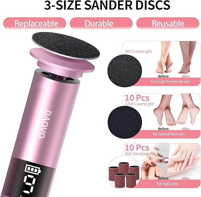 2 in 1 Electric Foot Callus Remover, USB Rechargeable Electric Foot File Grinder with 80/120 Grit Sandpaper Discs and Digital Display, Cordless Aluminum Pedicure Tools for Feet,Nail Care,Dead Skin