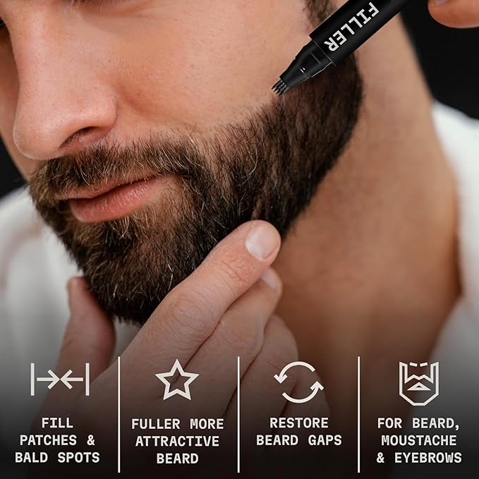 4 Pack Beard Filling Pen Kit with 4 Tips - Waterproof Beard Pencil for Men, Fill, Shape & Define with Brush - Striking Viking (Jet Black)