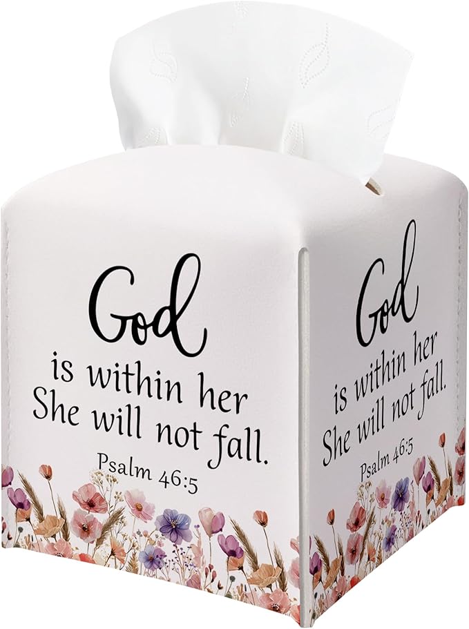 Christian Bible Verses Tissue Box Cover Square, Inspirational Quotes Waterproof Leather Tissue Box Holder, Flowers Paper Facial Tissue Box Covers Cube for Office Bathroom Home Prayer Room Decor