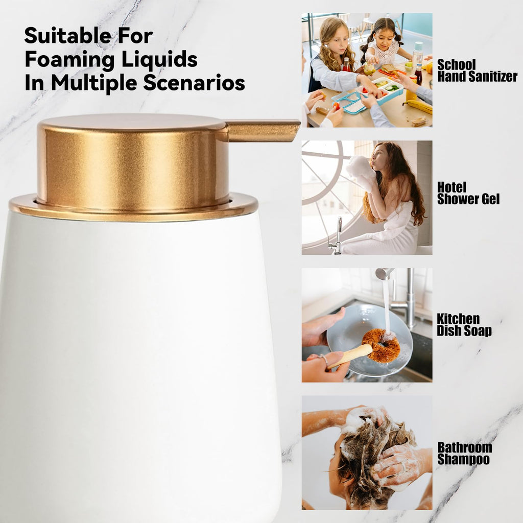 AZMOYAC Foaming Soap Dispenser - 12 Oz White Ceramic Foam Hand Soap Dispenser for Bathroom, Face Wash Dispenser Bottle with Matte Golden Foam Pump, Refillable Dish Dispenser for Kitchen