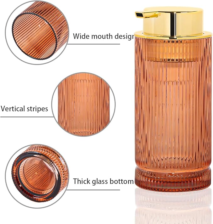Tonxus Foaming Soap Dispenser, Glass Foam Hand Soap Dispenser with Pump, 14 Oz Bathroom Refillable Liquid Lotion Pump Ribbed Bottle Container for Kitchen Countertop Decor (1, Brown Gold)