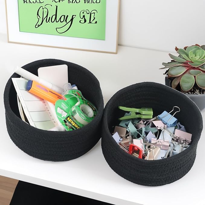Small Basket, Set of 3 Woven Baskets, Cotton Rope Small Baskets for Organizing, Cute Mini Tiny Storage Basket for Gifts, Decorative Boho Round Bathroom Organization Bin (Black)