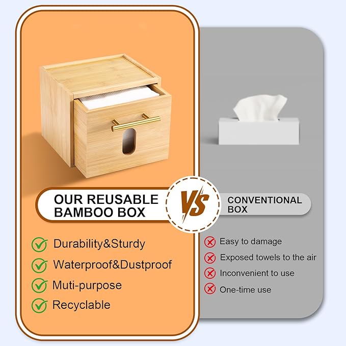 BSSN Face Towels Holder with Glass Cotton Balls Holders , Disposable Towelettes Bamboo Box , Facial Towels Container with Drawer, Towel XL Organizer for Bathroom, Makeup Remover Dry Wipes Washcloths