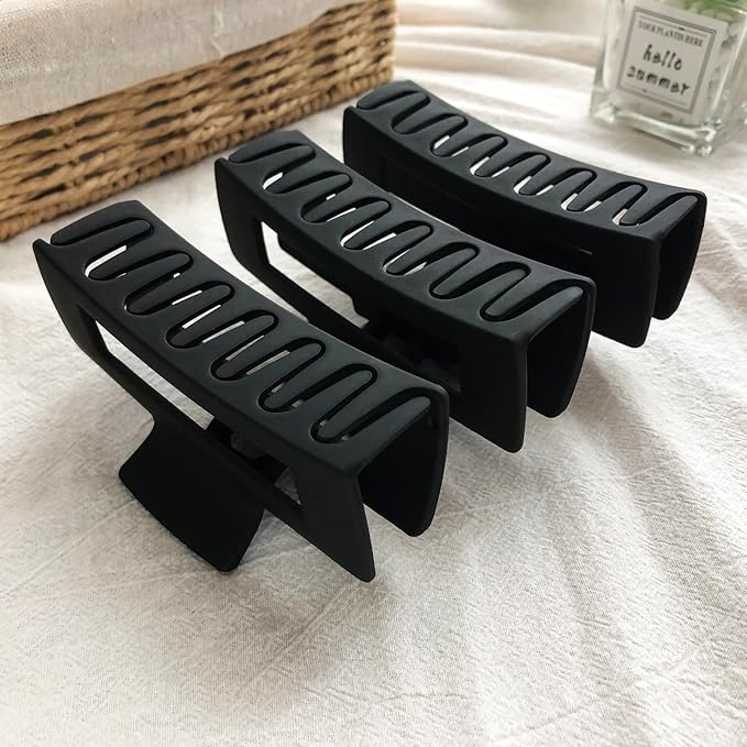Nalodu Hair Claw Clips Large Square 4 Inch Matte No Slip Big Rectangle Jaw Clip Clamp for Thick Hair Women, 3 Pack Black