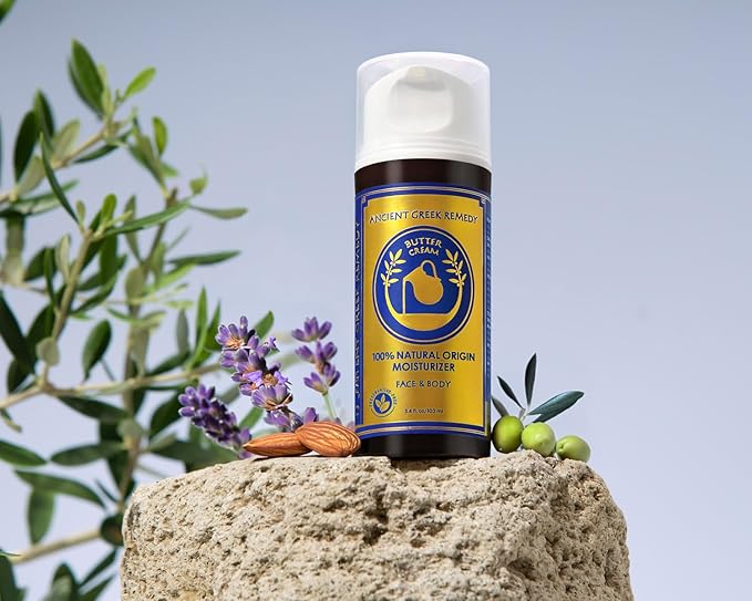 Ancient Greek Remedy Organic Face Moisturizer for Dry Skin - Anti Aging Face & Body Butter Cream - Almond, Jojoba, Olive, Rosehip, Vitamin E, Lavender Oil. Natural Lotion for Women & Men 3.4 oz