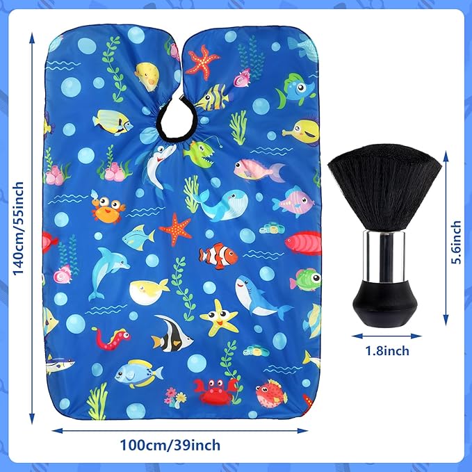 FEBSNOW Ocean Animal Kids Hair Cutting Cape, Professional Barber Cape and Neck Duster Brush Cartoon Hairdresser Apron with Adjustable Closure for Children Salon Barber Supplies for Kids & Adults