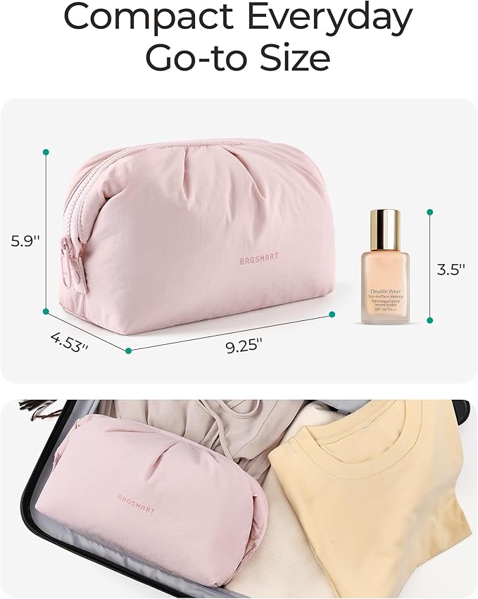 BAGSMART Makeup Bag Travel Makeup Bag, Cute Make Up Bag, Large Capacity Cosmetic Bags for Women, Wide-open Makeup Pouch Travel Essentials Toiletries Accessories Brushes (Camel)