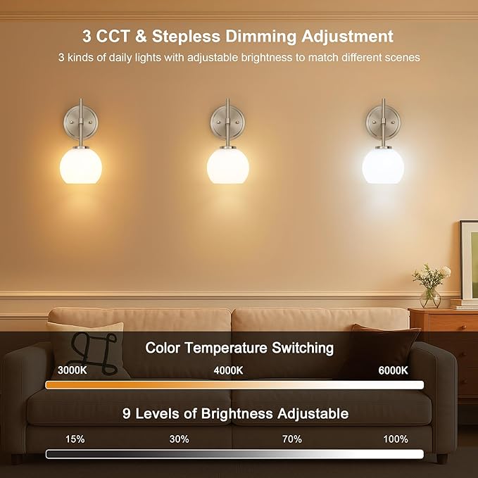 Brushed Nickel Battery Operated Wall Sconce Set of 2, Wireless Rechargeable Sconces Wall Lighting with Remote Control, LED Wall Lights with Opal White Glass Shade, 12 Colors RGB & 3 CCT Bulb