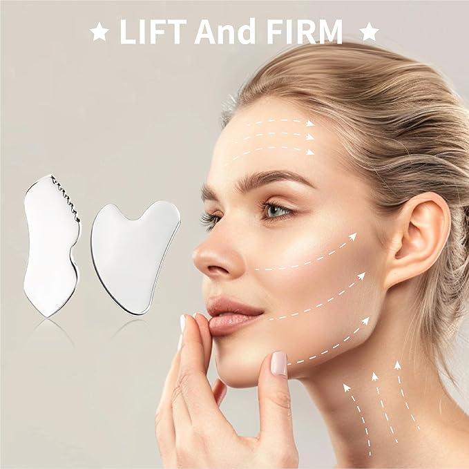 LeMeeOly 2Pcs Gua Sha Facial Tools Stainless Steel, Detailer GuaSha Set for Face Neck, Natural Skin Care Metal Gua Sha Lymphatic Drainage Face Massage Tool