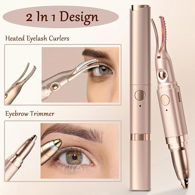 Heated Eyelash Curler - 2 in 1 Eye Lash Curler and Eyebrow Trimmer for Women with 2 Temperature Modes, USB Rechargeable Electric Eyelash Curler, Anti-Burn Design, Ideal Gift for Women(Gold)