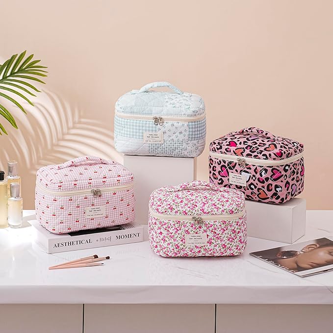 uekeboag Large Travel Quilted Makeup Bag for Women, Floral Cotton Cosmetic Bag, Coquette Aesthetic Floral Toiletry Organizer Bag(Pink Leopard