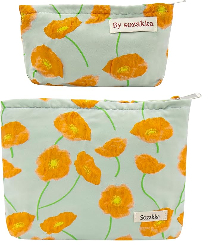 getgto 2 Pcs Makeup Bags, Large Cosmetic Bag Travel Toiletry Bag Organizer for Women, Embroidery Craft, Floral Makeup Bag Small Cosmetic Pouch Purse with Zipper Gifts for Girls Teen