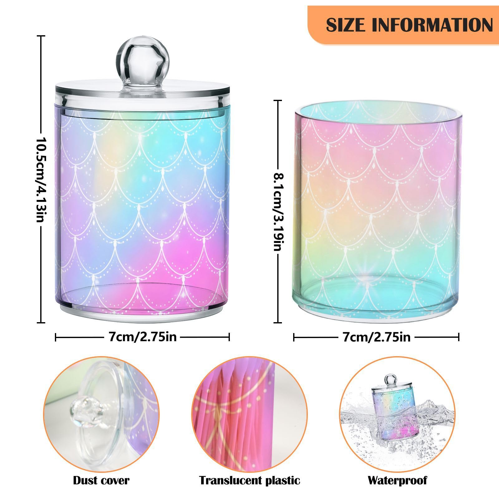 2 Pack Qtip Holder Dispenser for Cotton Ball Rainbow Scales Mermaid Cotton Swab Cotton Round Pads Clear Plastic Acrylic Jar Set Bathroom Canister