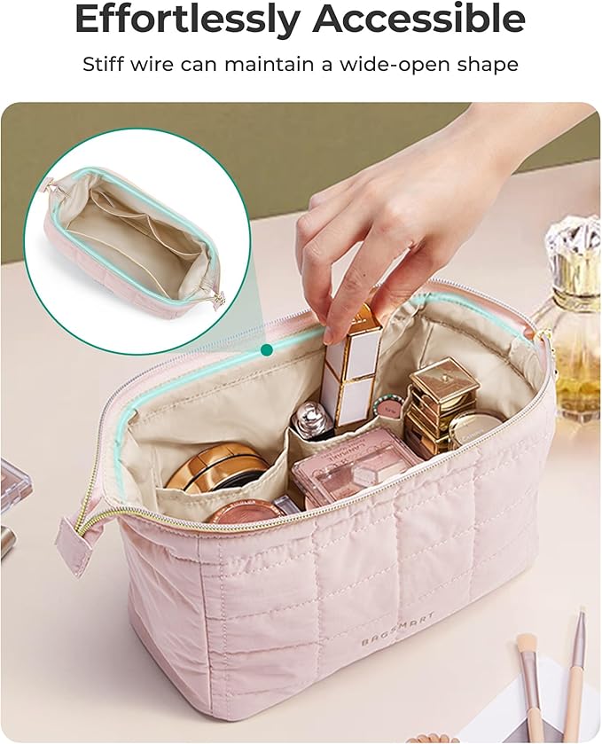 BAGSMART Makeup Bag Travel Toiletry Bag, Puffy Padded Make Up Bags for Women Makeup Organizer Case, Wide-open Pouch Purse Travel Essentials Toiletries Accessories Brushes, Checkered Khaki