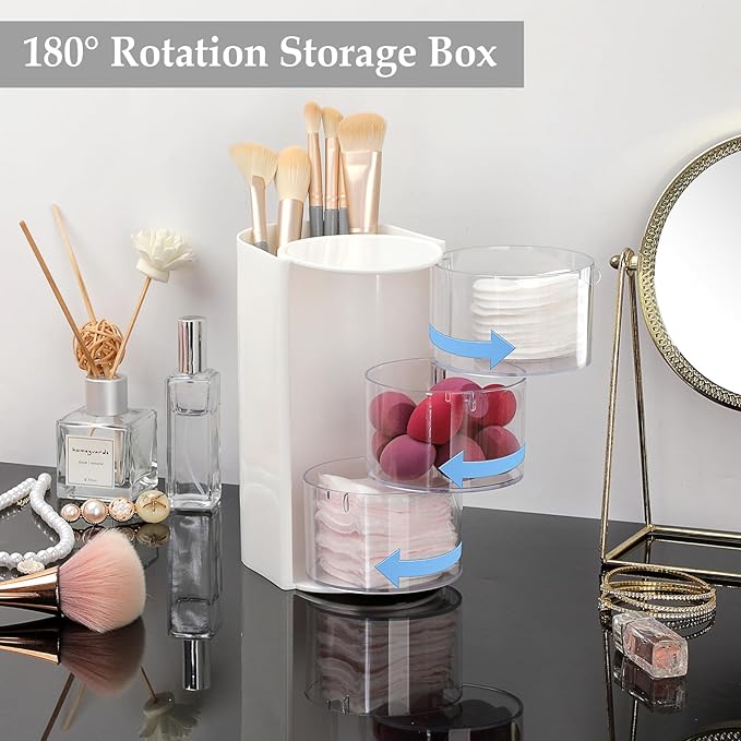 GUSHBIN Rotating Hair Accessories Organizer with Comb Holder Plastic Hair Clips Storage Container Cosmetic Storage Box for Makeup Sponge Brush, 3-Layer White
