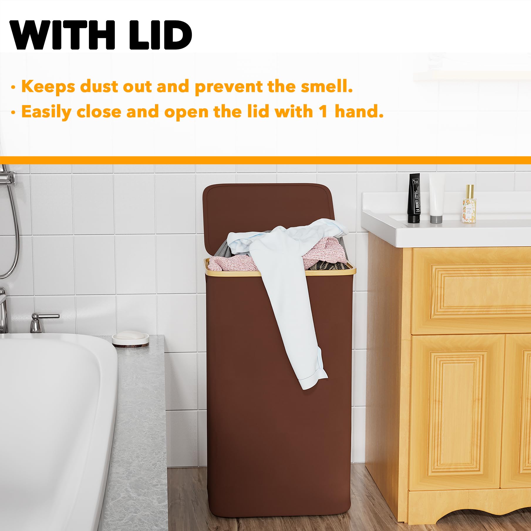 SpaceAid Laundry Hamper with Lid, 110L Large Tall Clothes Basket Bin with Bamboo Handles, Collapsible Laundry Hamper for Bedroom, Bathroom, Dorm, Laundry Room - Brown