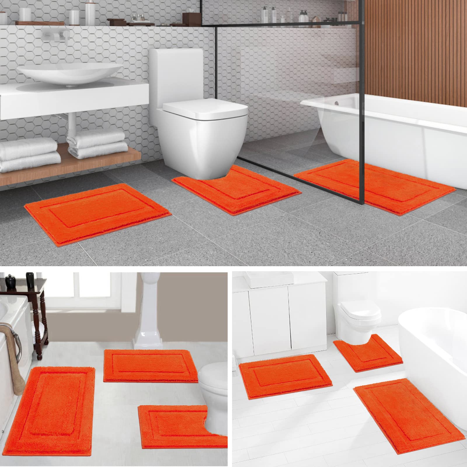 SHACOS Orange Bathroom Rugs Sets 3 Piece Small Bath Mat U Shaped Toilet Rug