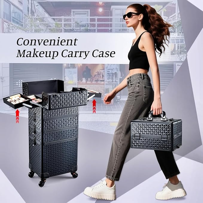 Adazzo 4 in 1 Rolling Makeup Trolley Train Case Cosmetic Suitcase Nail Tech Box for Makeup Artist, Hairstylists, Nail Tech Case with with Keys Swivel Wheels Traveling Trunk (Shiny Brick)