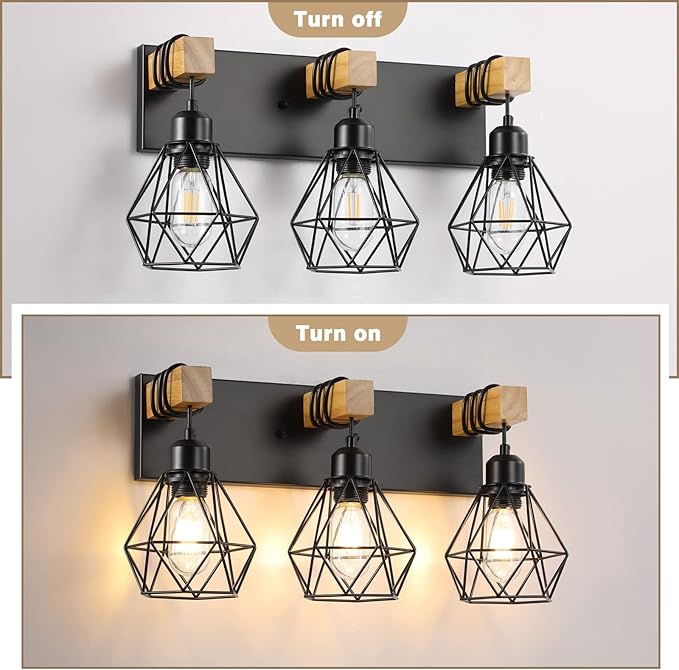3-Light Farmhouse Bathroom Vanity Light Fixtures, Wood Bathroom Light Fixtures Over Mirror, Rustic Sconces Wall Lighting with Elegant Metal Lampshade for Living Room, Bedroom, Hallway